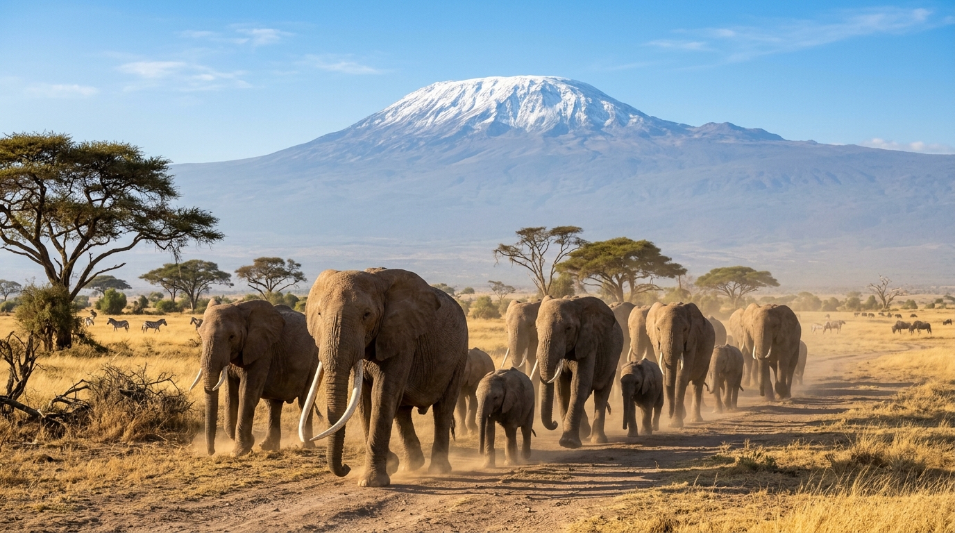 Elephant Family Herd Beneath Mount Kilimanjaro