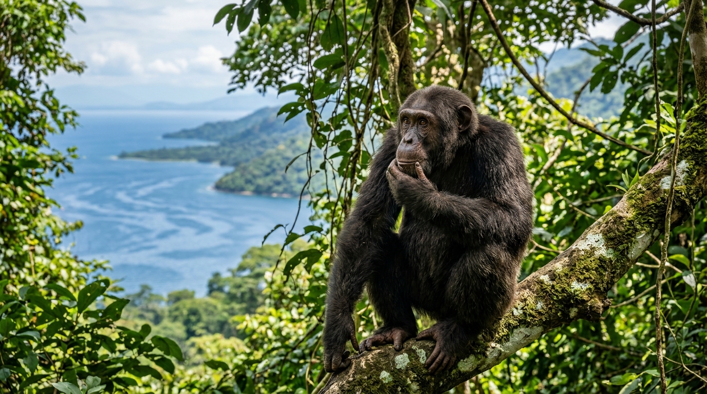 Wild Chimpanzee in Tropical Forest Canopy